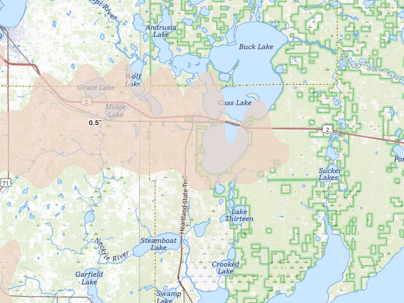 Radar-estimated hail-size map of the storm over Cass Lake, MN on Aug 6, 2026