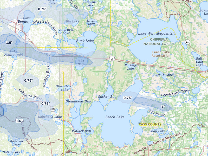 NEXRAD radar-signature map of the hail storm over Cass Lake, MN on Aug 6, 2026