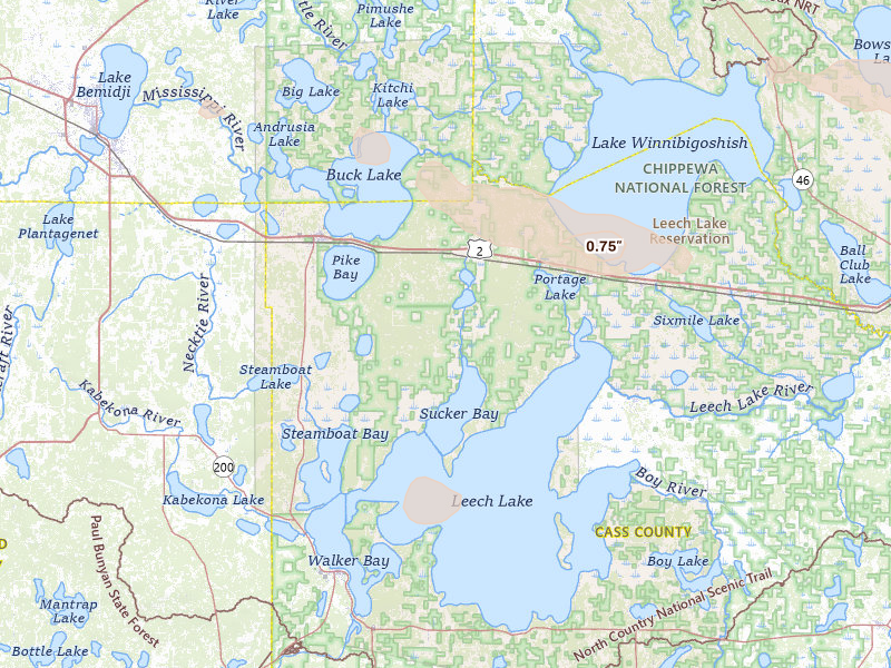 Radar-estimated hail-size map of the storm over Cass Lake, MN on Aug 17, 2026