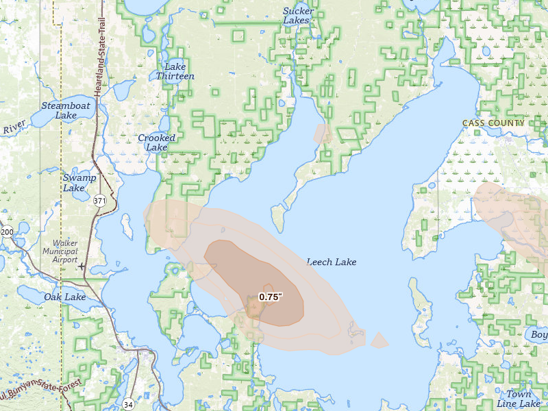 Radar-estimated hail-size map of the storm over Cass Lake, MN on Aug 20, 2026