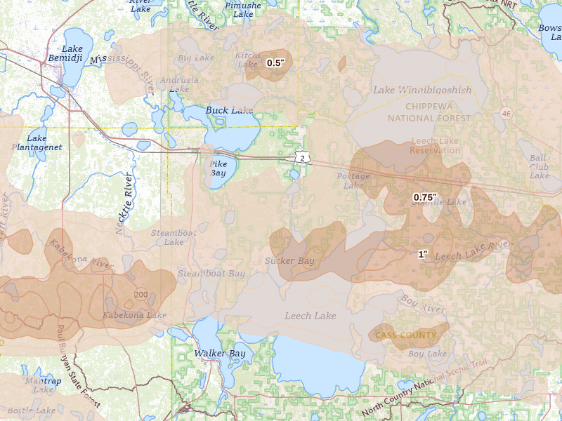 Radar-estimated hail-size map of the storm over Cass Lake, MN on Sep 3, 2026