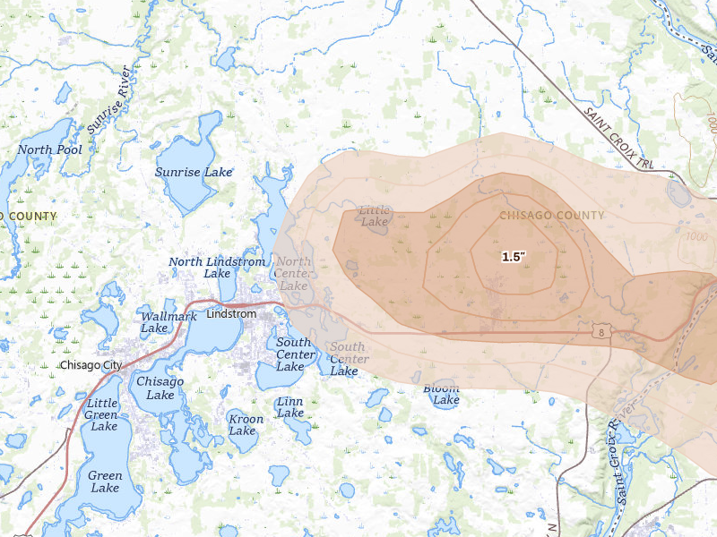 Radar-estimated hail-size map of the storm over Center City, MN on Jun 19, 2026