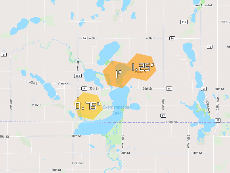 Hail map of Ceylon, MN on Jul 1, 2026, hail up to 1.25"
