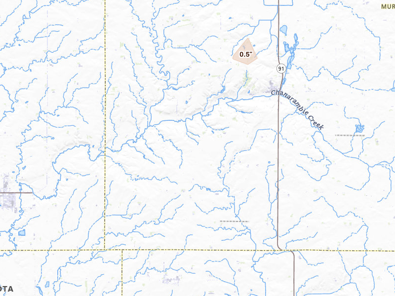 Radar-estimated hail-size map of the storm over Chandler, MN on May 25, 2026