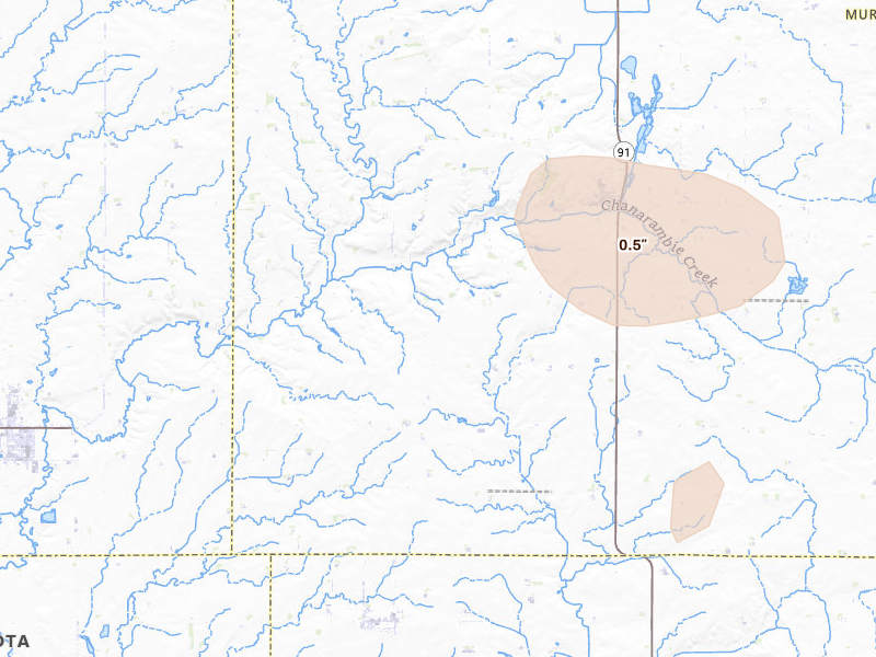 Radar-estimated hail-size map of the storm over Chandler, MN on Jul 25, 2026