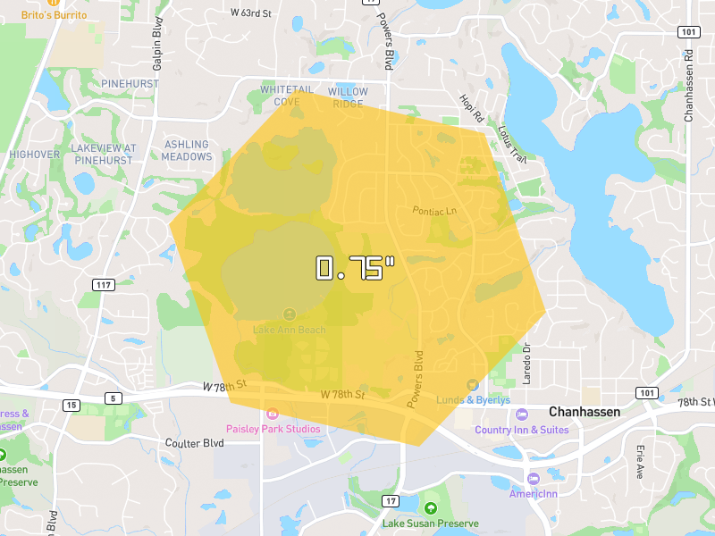 Hail map of Chanhassen, MN on Jun 5, 2026, hail up to 0.75"