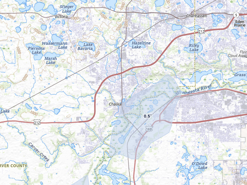 NEXRAD radar-signature map of the hail storm over Chaska, MN on Apr 23, 2026