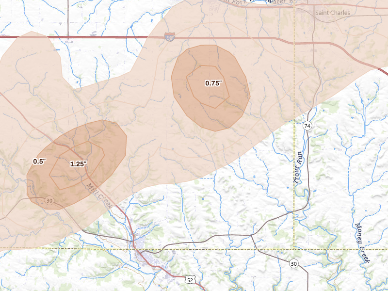 Radar-estimated hail-size map of the storm over Chatfield, MN on Apr 17, 2026