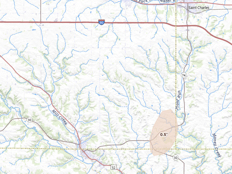 Radar-estimated hail-size map of the storm over Chatfield, MN on May 17, 2026