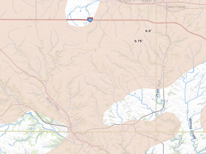 Radar-estimated hail-size map of the storm over Chatfield, MN on Jul 1, 2026