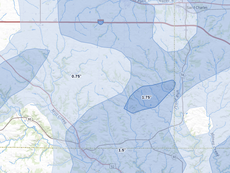 NEXRAD radar-signature map of the hail storm over Chatfield, MN on Jul 1, 2026
