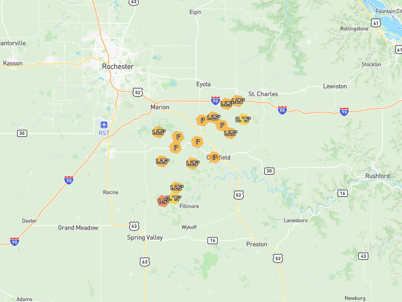 Hail map of Chatfield, MN on Jul 1, 2026, hail up to 1.5"