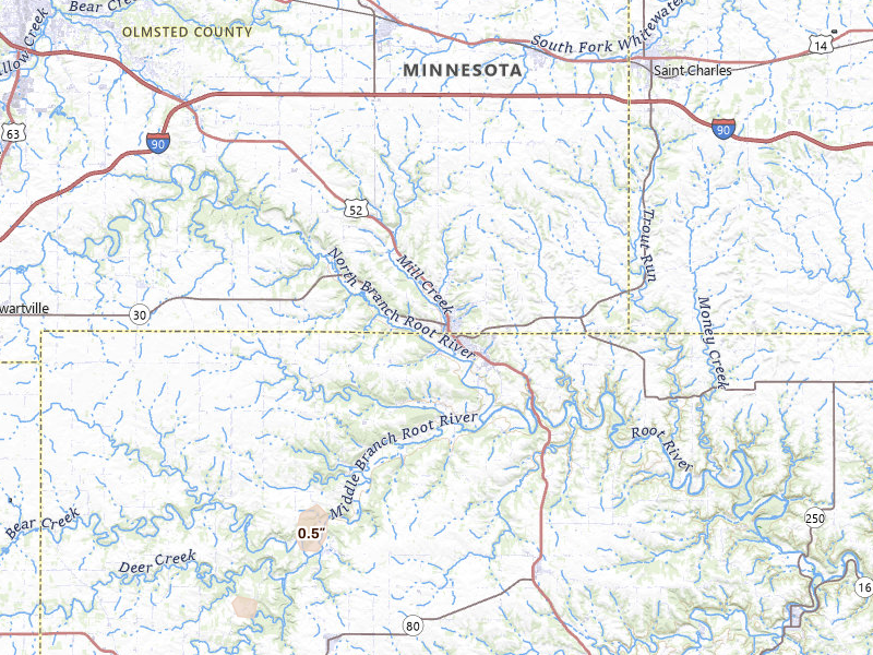 Radar-estimated hail-size map of the storm over Chatfield, MN on Jul 2, 2026