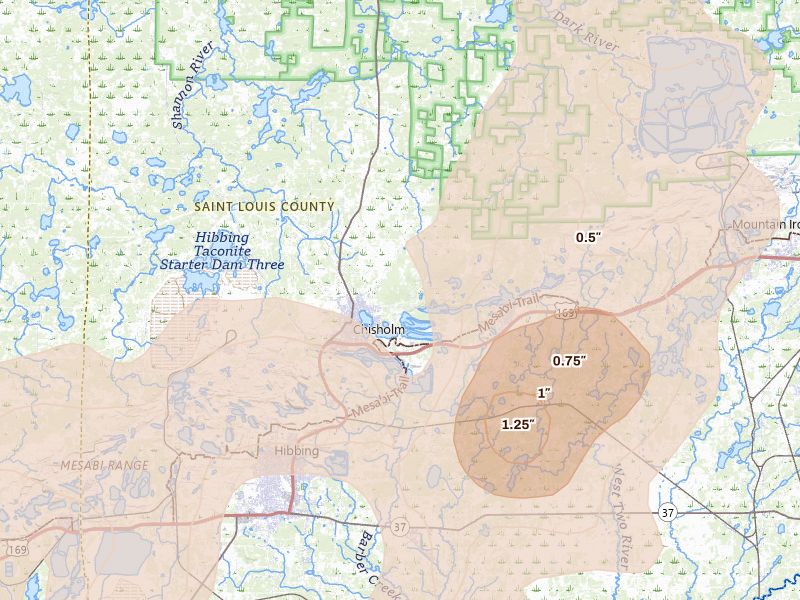 Radar-estimated hail-size map of the storm over Chisholm, MN on Jun 29, 2026