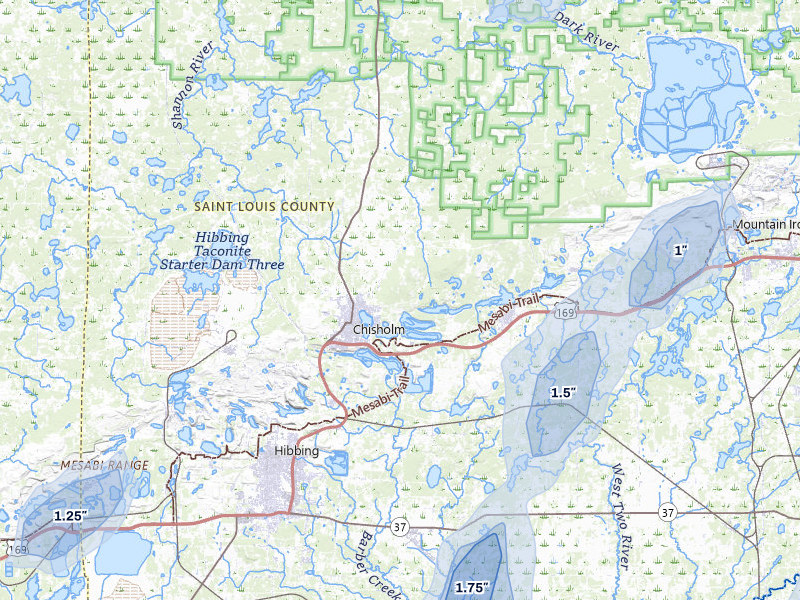 NEXRAD radar-signature map of the hail storm over Chisholm, MN on Jun 29, 2026