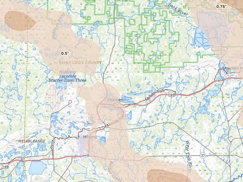 Radar-estimated hail-size map of the storm over Chisholm, MN on Jul 26, 2026