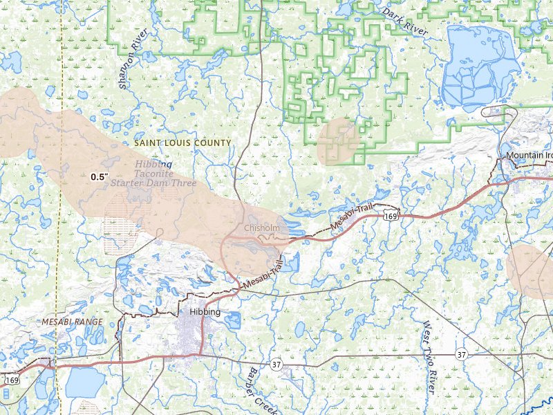 Radar-estimated hail-size map of the storm over Chisholm, MN on Aug 17, 2026