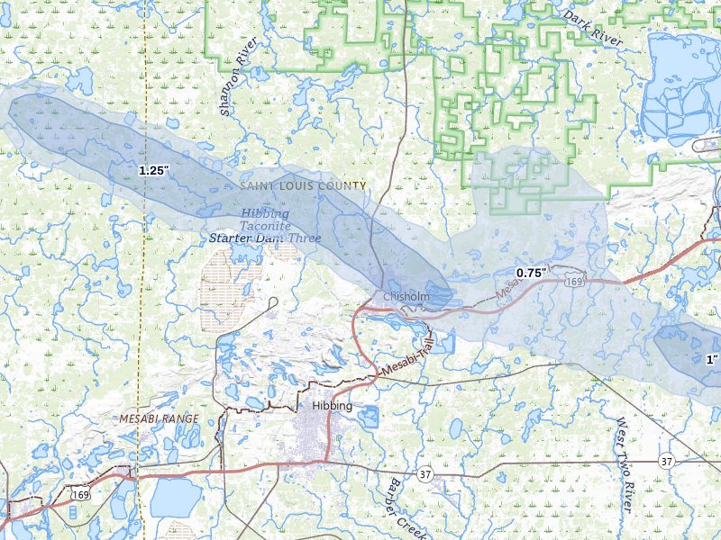 NEXRAD radar-signature map of the hail storm over Chisholm, MN on Aug 17, 2026