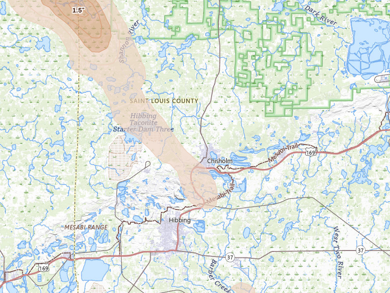 Radar-estimated hail-size map of the storm over Chisholm, MN on Aug 20, 2026