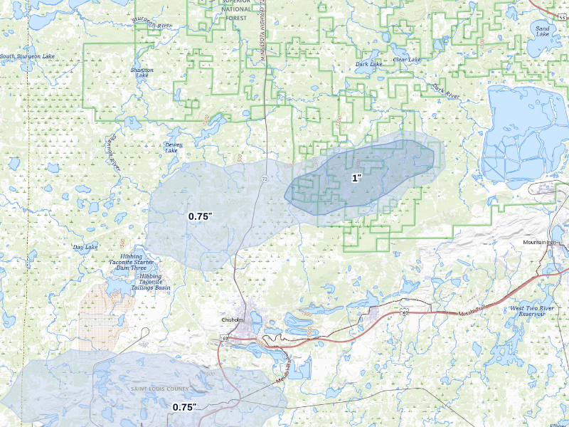 NEXRAD radar-signature map of the hail storm over Chisholm, MN on Aug 25, 2026