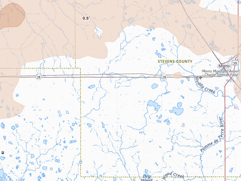 Radar-estimated hail-size map of the storm over Chokio, MN on Jul 6, 2026