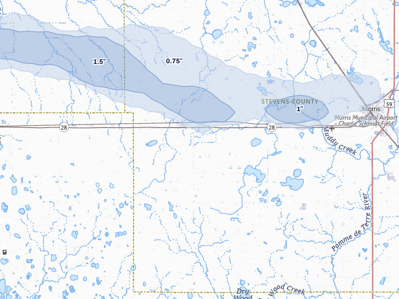 NEXRAD radar-signature map of the hail storm over Chokio, MN on Jul 7, 2026