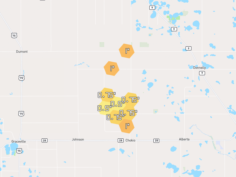 Hail map of Chokio, MN on Jul 7, 2026, hail up to 1"