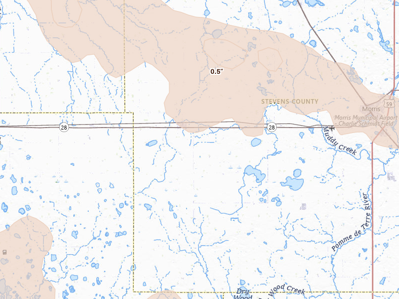Radar-estimated hail-size map of the storm over Chokio, MN on Jul 19, 2026