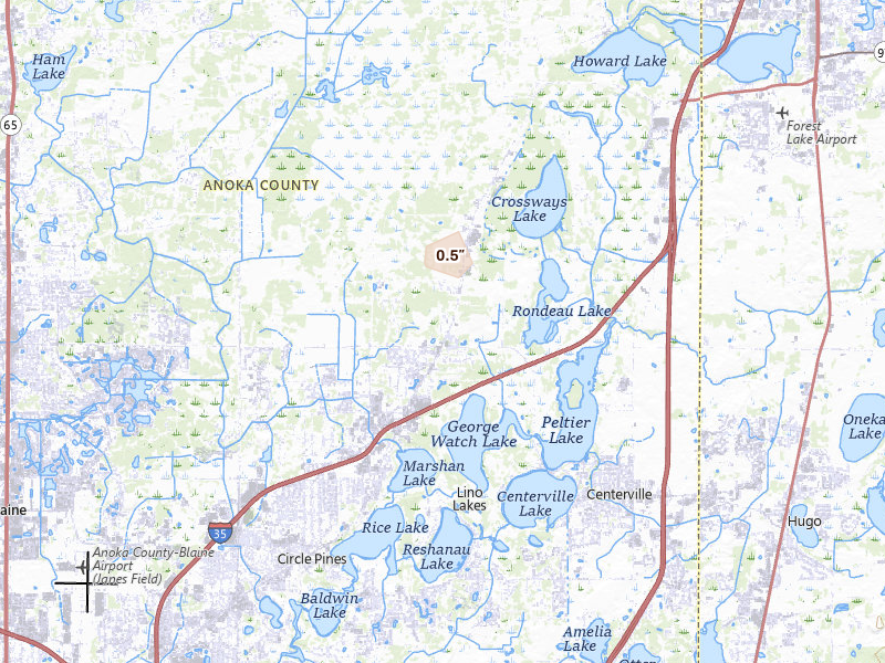 Radar-estimated hail-size map of the storm over Circle Pines, MN on Jun 9, 2026