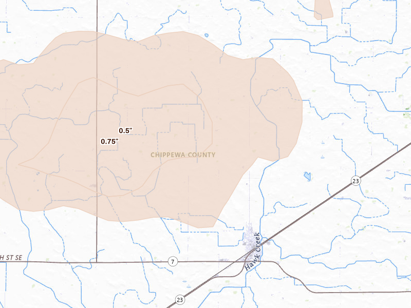Radar-estimated hail-size map of the storm over Clara City, MN on Jul 19, 2026