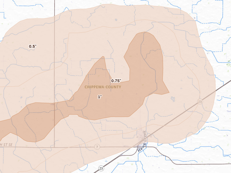 Radar-estimated hail-size map of the storm over Clara City, MN on Aug 6, 2026