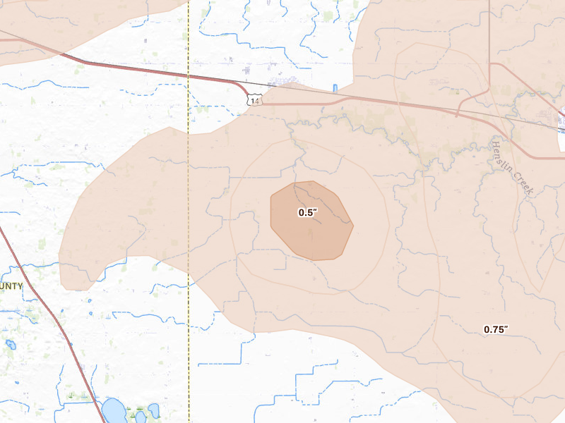 Radar-estimated hail-size map of the storm over Claremont, MN on Sep 1, 2026