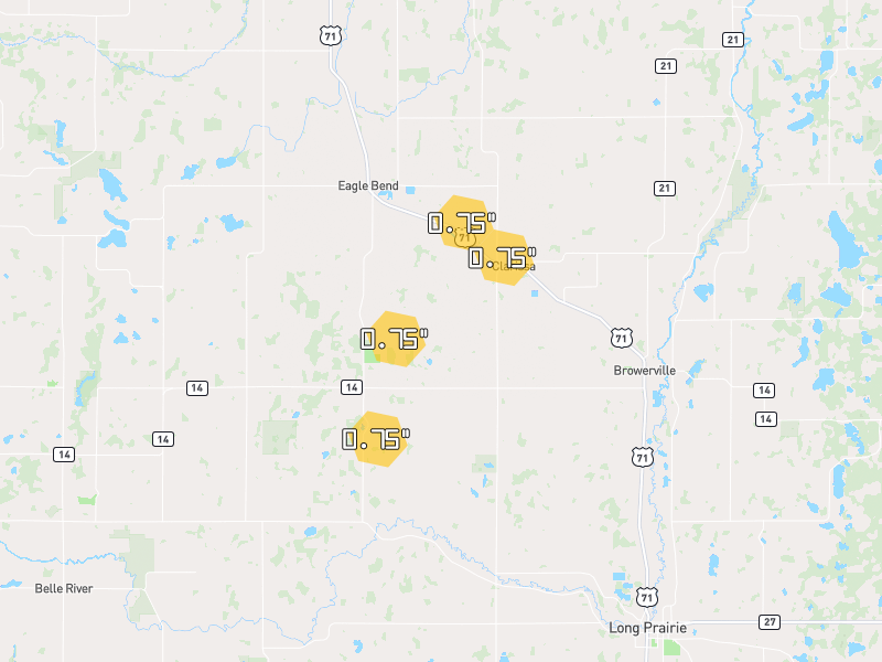 Hail map of Clarissa, MN on Jun 30, 2026, hail up to 0.75"