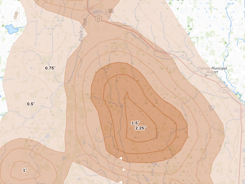 Radar-estimated hail-size map of the storm over Clarissa, MN on Jul 4, 2026