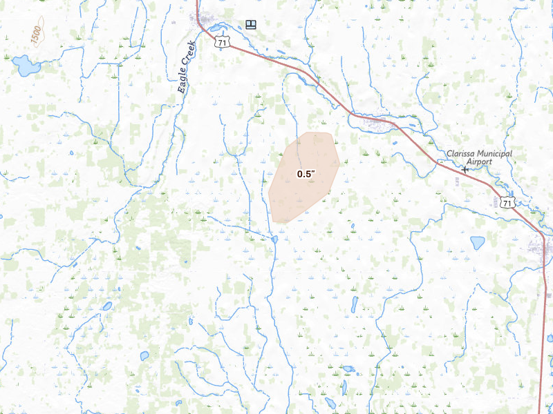 Radar-estimated hail-size map of the storm over Clarissa, MN on Jul 7, 2026