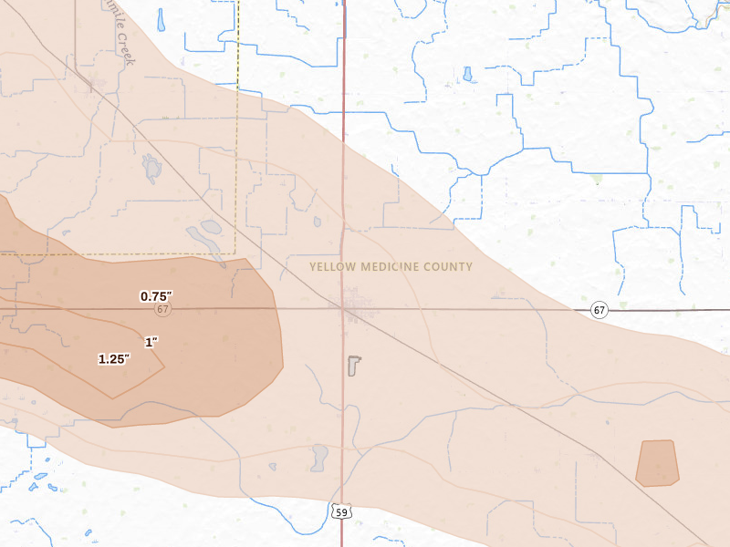 Radar-estimated hail-size map of the storm over Clarkfield, MN on Jun 5, 2026