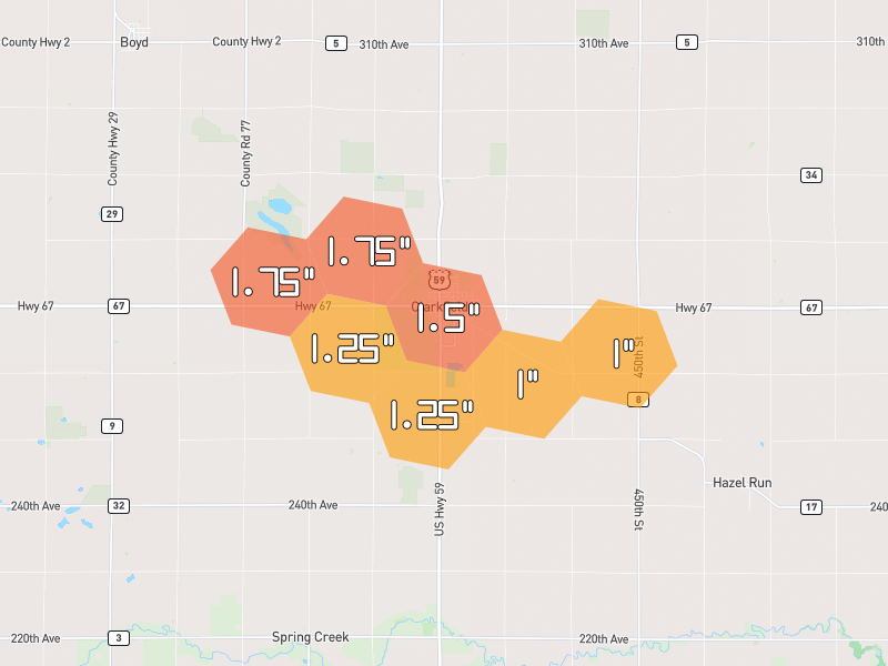 Hail map of Clarkfield, MN on Jun 5, 2026, hail up to 1.75"