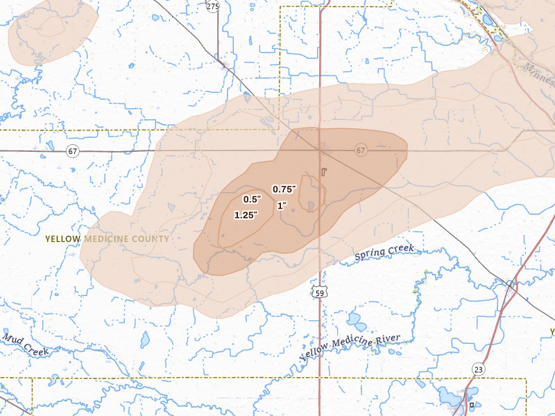 Radar-estimated hail-size map of the storm over Clarkfield, MN on Aug 6, 2026
