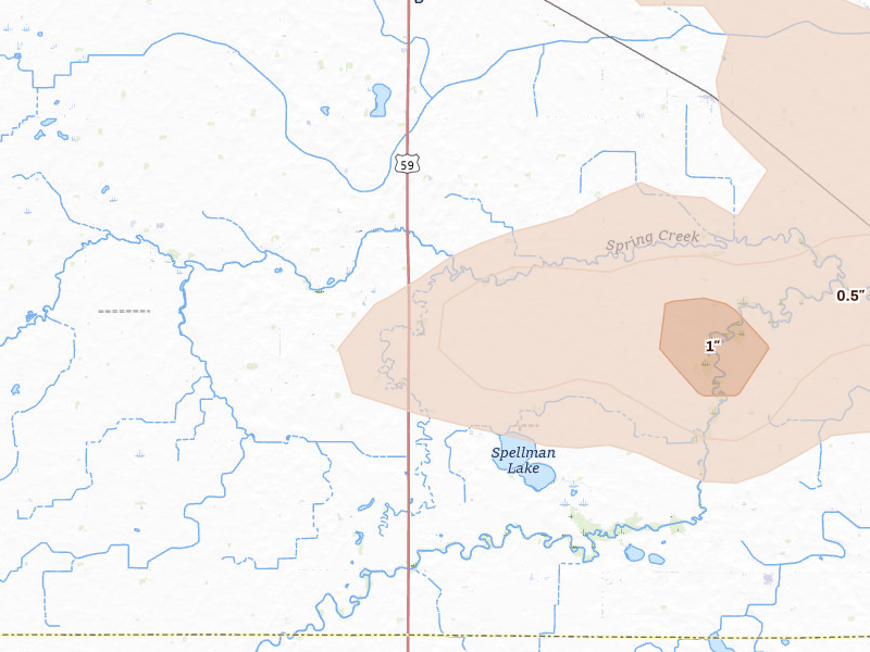 Radar-estimated hail-size map of the storm over Clarkfield, MN on Aug 7, 2026