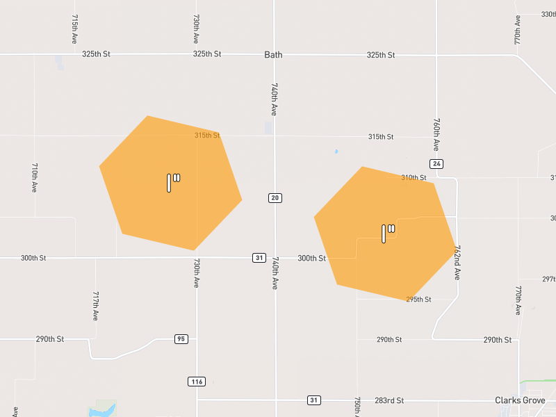 Hail map of Clarks Grove, MN on Jul 1, 2026, hail up to 1"