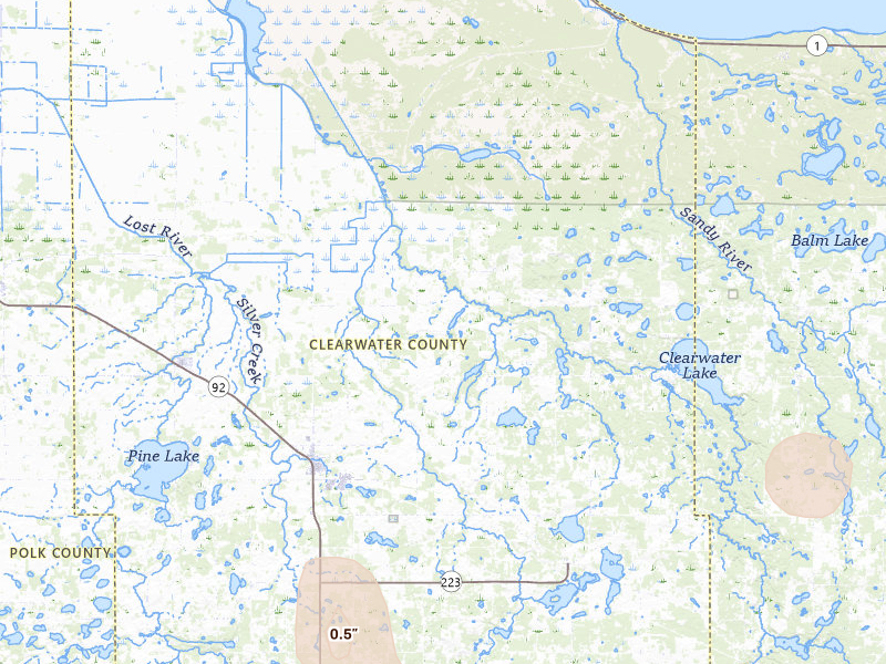 Radar-estimated hail-size map of the storm over Clearbrook, MN on Jul 4, 2026