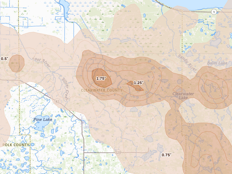 Radar-estimated hail-size map of the storm over Clearbrook, MN on Jul 24, 2026