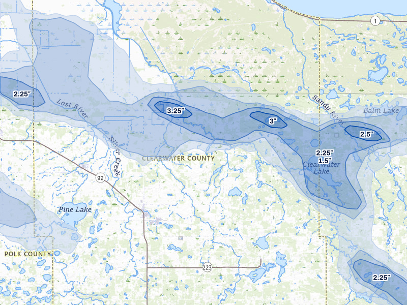 NEXRAD radar-signature map of the hail storm over Clearbrook, MN on Jul 24, 2026
