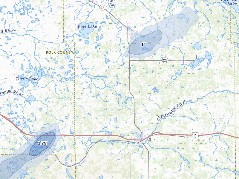 NEXRAD radar-signature map of the hail storm over Clearbrook, MN on Aug 3, 2026