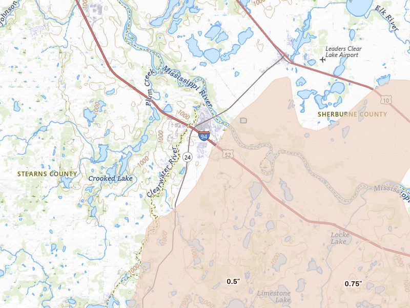 Radar-estimated hail-size map of the storm over Clearwater, MN on Apr 23, 2026