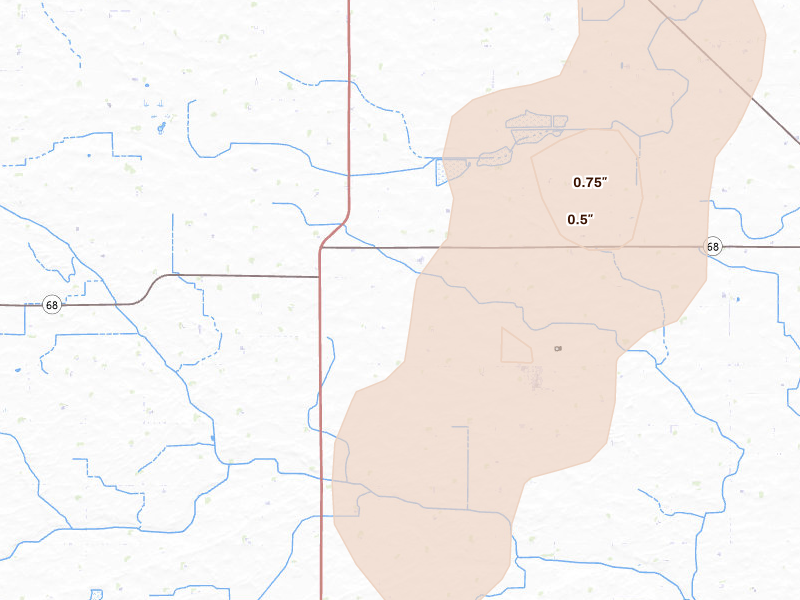 Radar-estimated hail-size map of the storm over Clements, MN on Jun 9, 2026