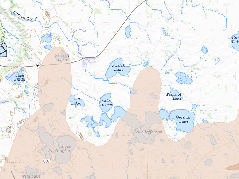 Radar-estimated hail-size map of the storm over Cleveland, MN on Apr 17, 2026