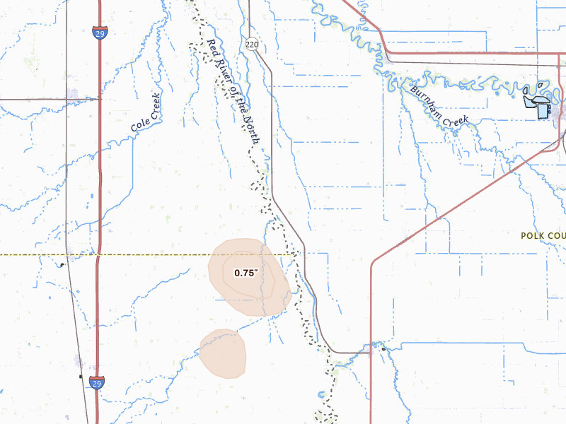 Radar-estimated hail-size map of the storm over Climax, MN on Jun 9, 2026
