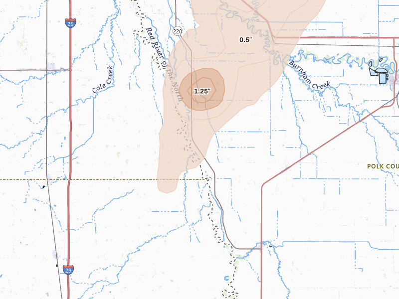 Radar-estimated hail-size map of the storm over Climax, MN on Jun 29, 2026