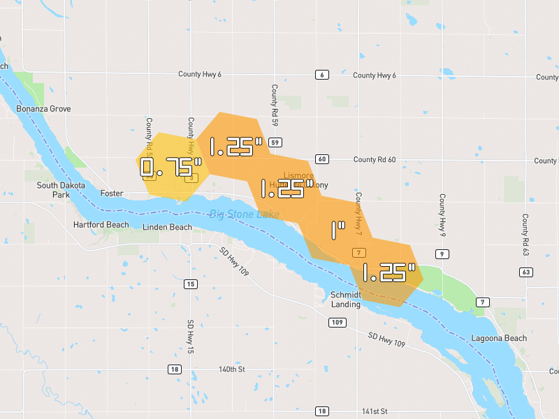 Hail map of Clinton, MN on Jul 4, 2026, hail up to 1.25"